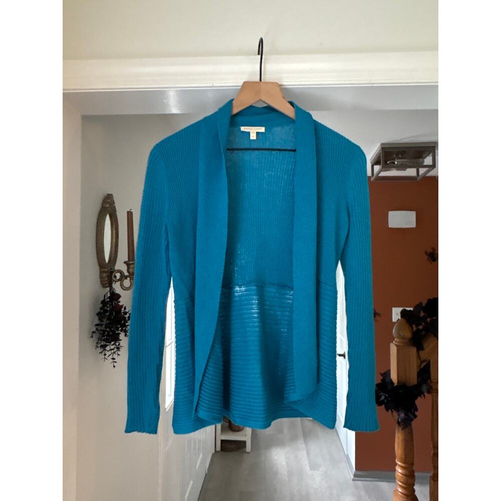 Eileen Fisher Blue Organic Cotton Ribbed Cardigan Sweater XS Petite Open Front - Picture 2 of 7